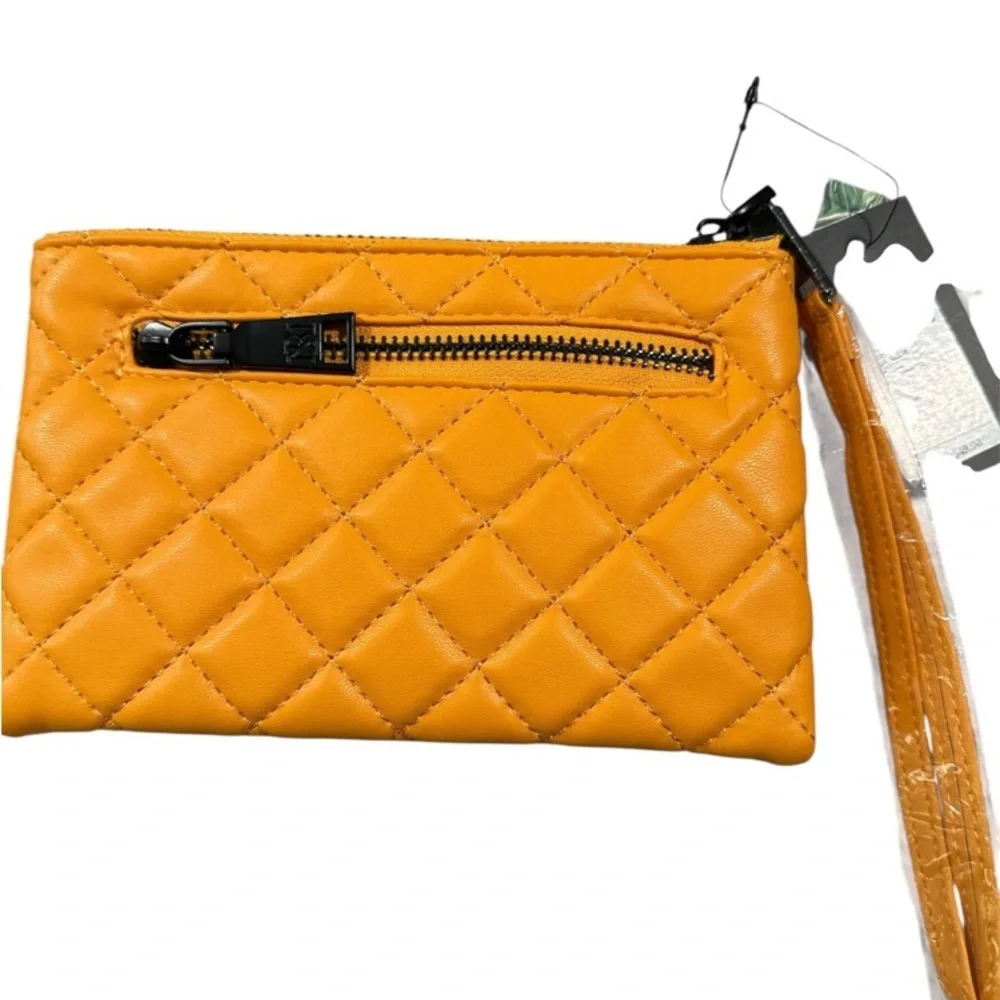 LMT: Badgley Mischka Quilted Logo Wristlet Pouch in Yellow Gold